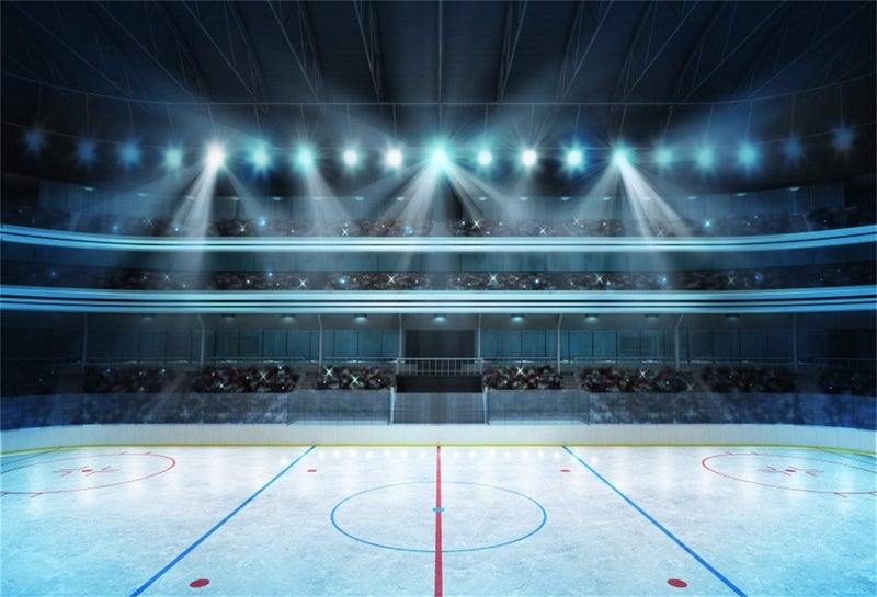 Laeacco 7x5ft Hockey Stadium Backdrop Vinyl Photography Background Ice Rink Stage Lights Shiny Haloes Stadium Spotlight School Sports Meeting Event Activity Adult Portrait Shoot Studio - Image 1